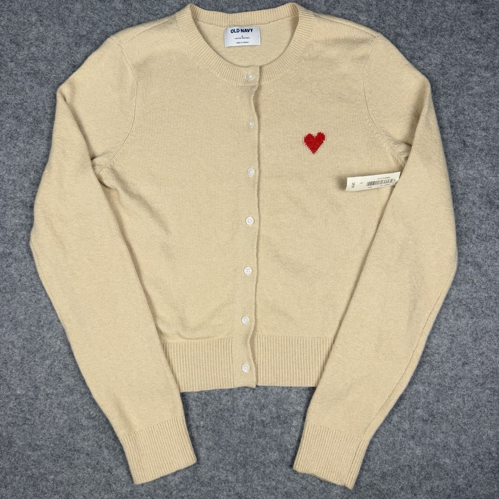 Old Navy NWT Cardigan Sweater Womens S Beige Knit Red Heart Button Up Crewneck